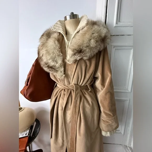 Camel Cashmere Maxi Trench Coat Long Belted Wrap Robe Winter Coat - Picture 10 of 15